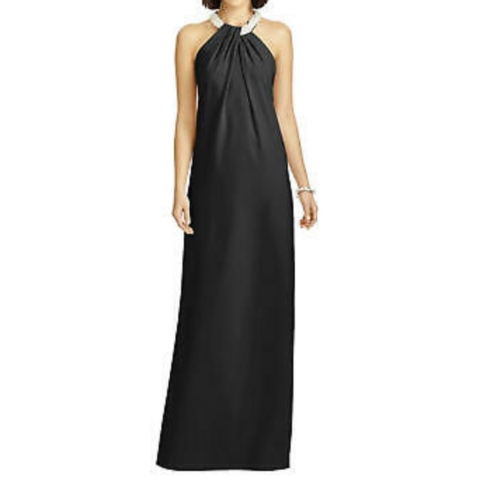 Dessy Collection Black Halter Maxi Gown with Embellished Neck